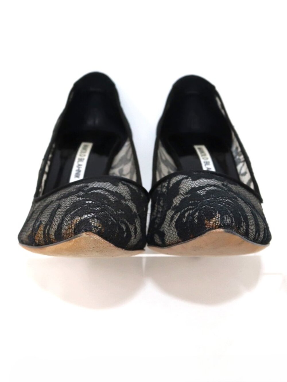 SOLD——- Manolo Blahnik 38 BB 105 Black Floral Lace Satin Stiletto Point Toe Pump - Picture 13 of 15